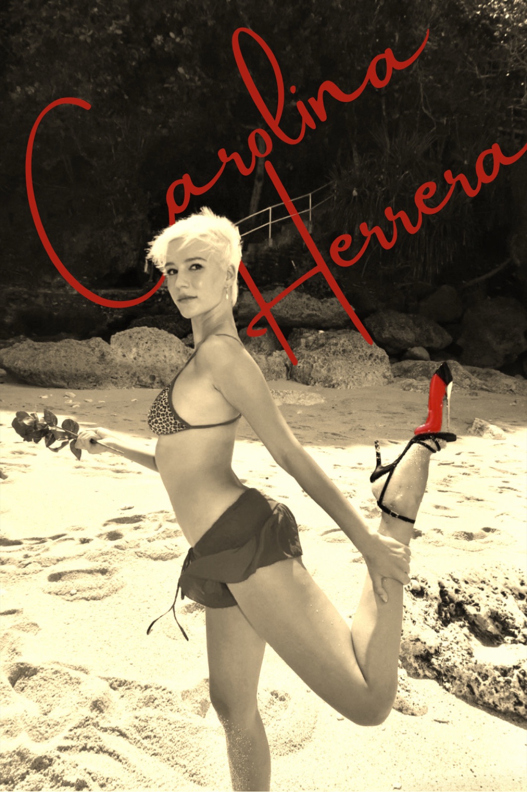 Sepia beach editorial edit with red script lettering